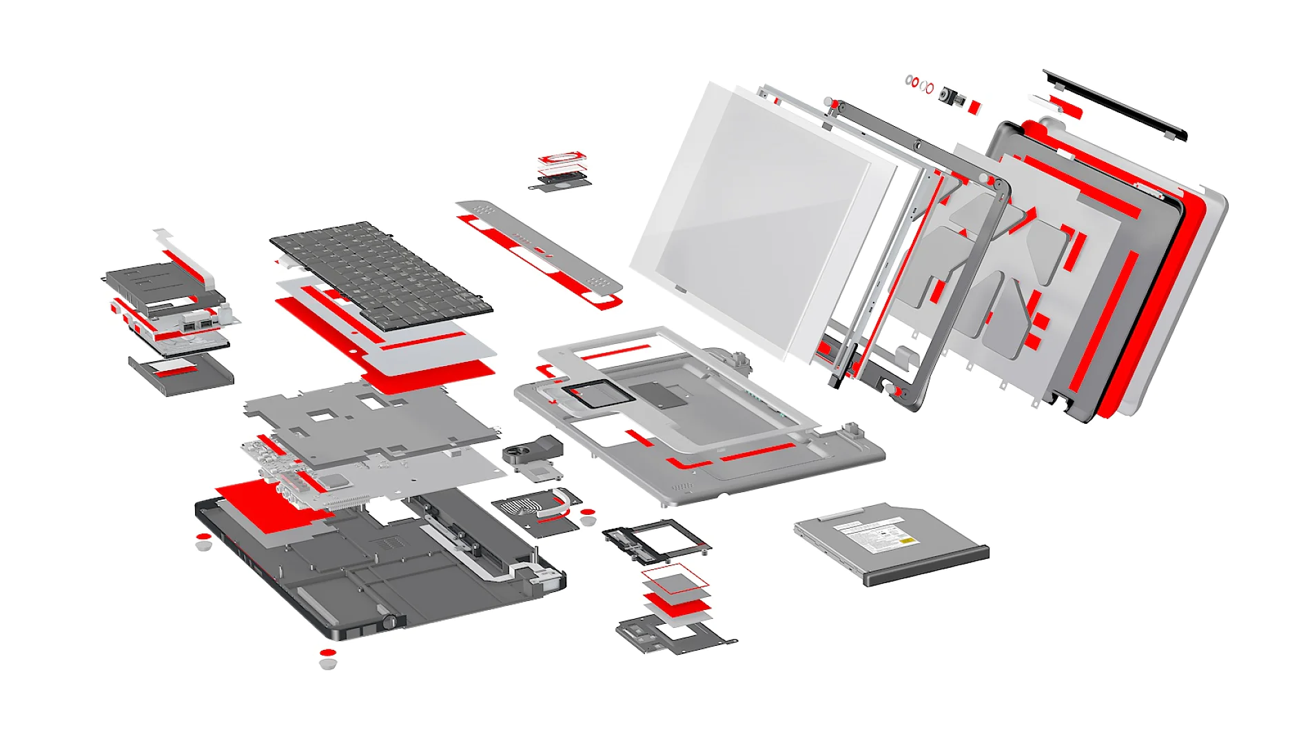 Exploded view of an electronic device showing various components. Parts are separated and arranged in layers. Components include circuit boards, a battery, and a screen secured with tesa tape. Colors are primarily red, white, and black. (This text has been generated by AI)