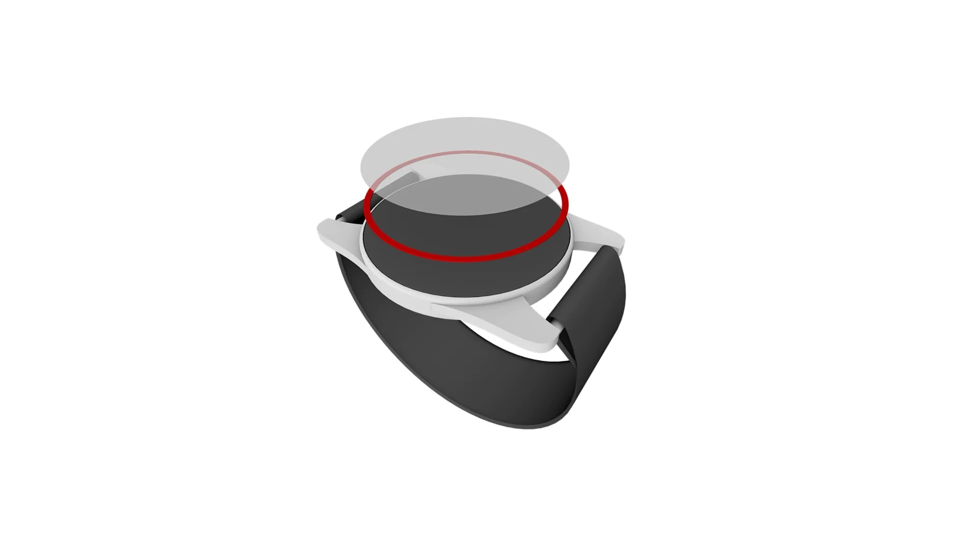 A digital smartwatch with a black strap and a round face is depicted, featuring red concentric circles above the display. The watch has a silver bezel and minimalist design. (This text has been generated by AI)