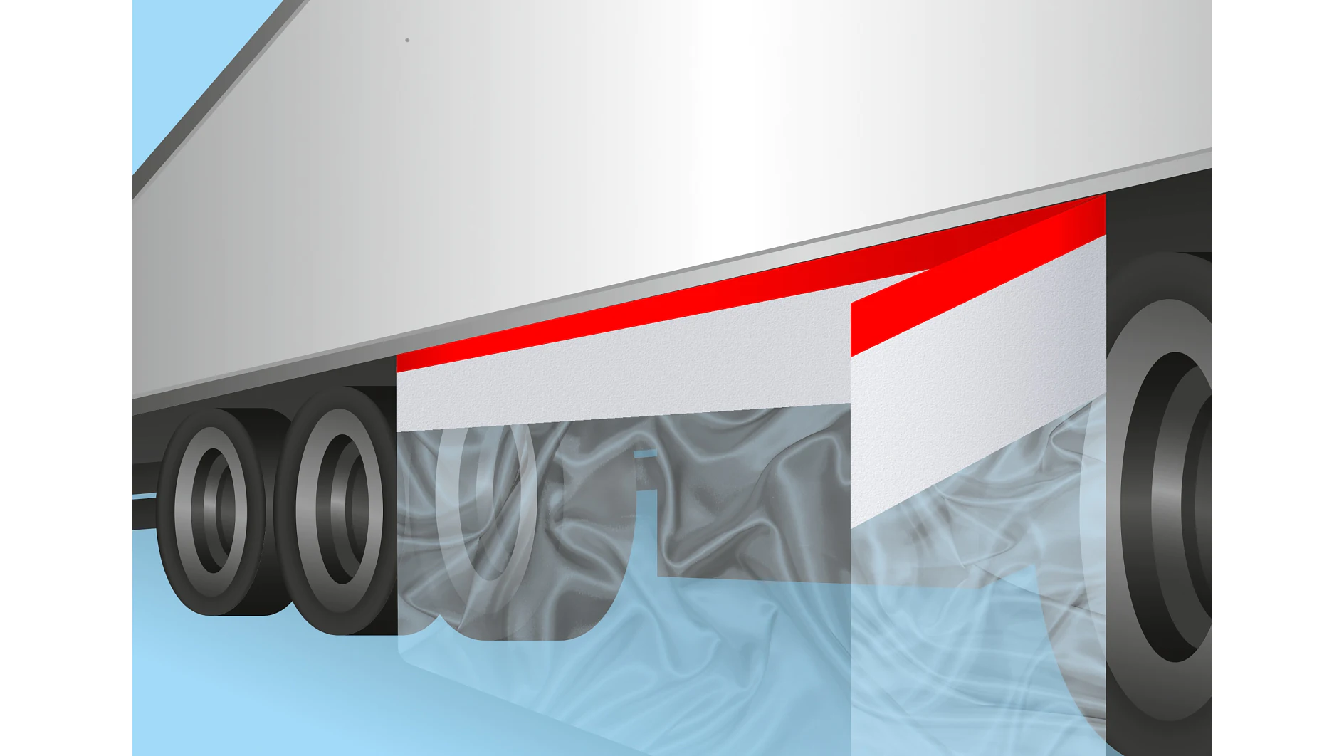 Illustration of a trucks side guard with a red and white geometric design. The background features a blue gradient, and the wheels and undercarriage are visible with a translucent effect. (This text has been generated by AI)