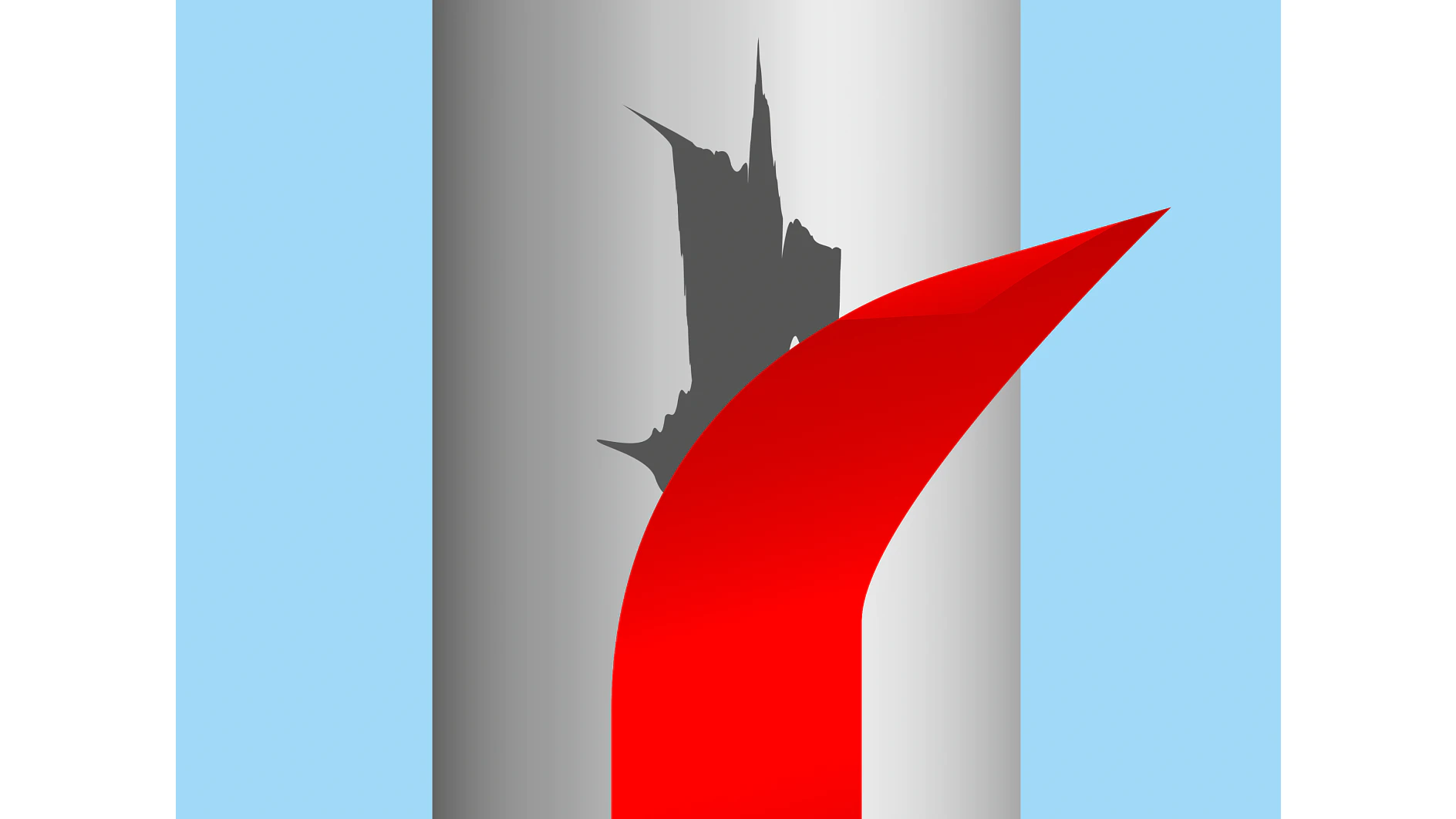 Abstract image featuring a curved, bold red shape in the foreground against a light blue background. A tall, jagged black silhouette is visible on a gray cylindrical form positioned behind the red shape. No references to tesa tape or competitor brands such as 3M are present in this text. (This text has been generated by AI)