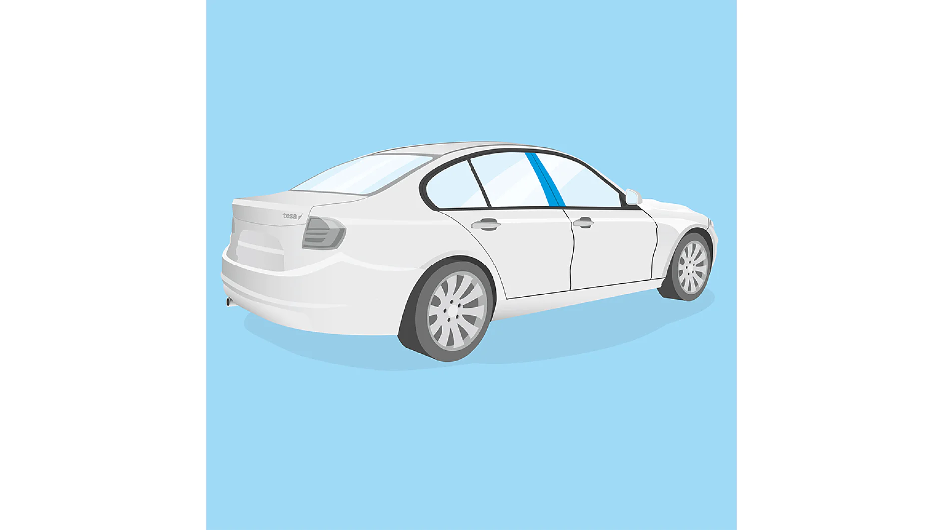 Illustration of a white sedan car against a light blue background. The vehicle is shown from a rear three-quarter angle, highlighting its sleek design and silver alloy wheels. (This text has been generated by AI)