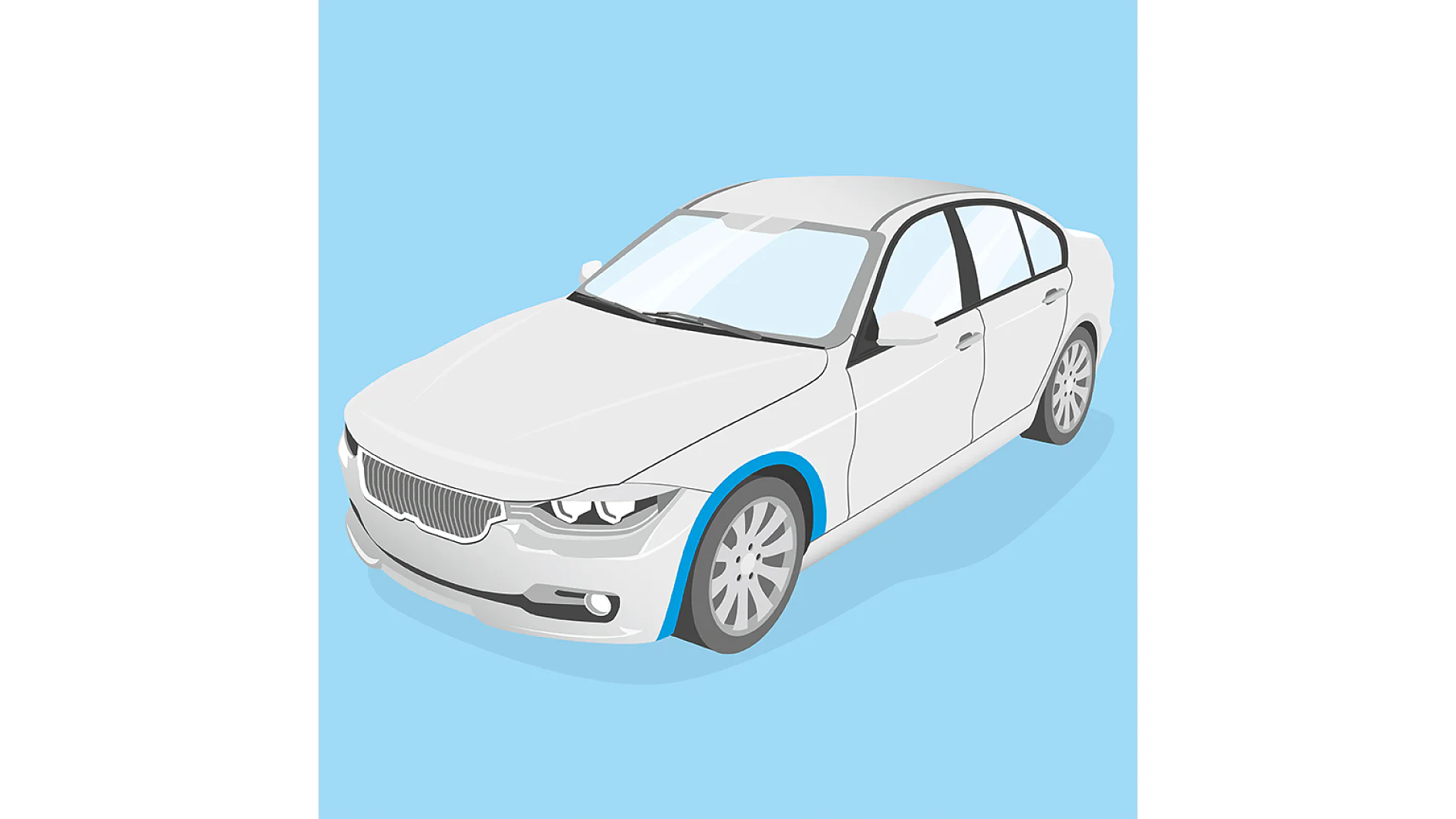 Illustration of a white sedan car at an angle, showing the front and right side. The car features a blue accent on the wheel arch, silver rims, and is set against a light blue background. This design highlights the seamless finish made possible with tesa tape used in its assembly. (This text has been generated by AI)