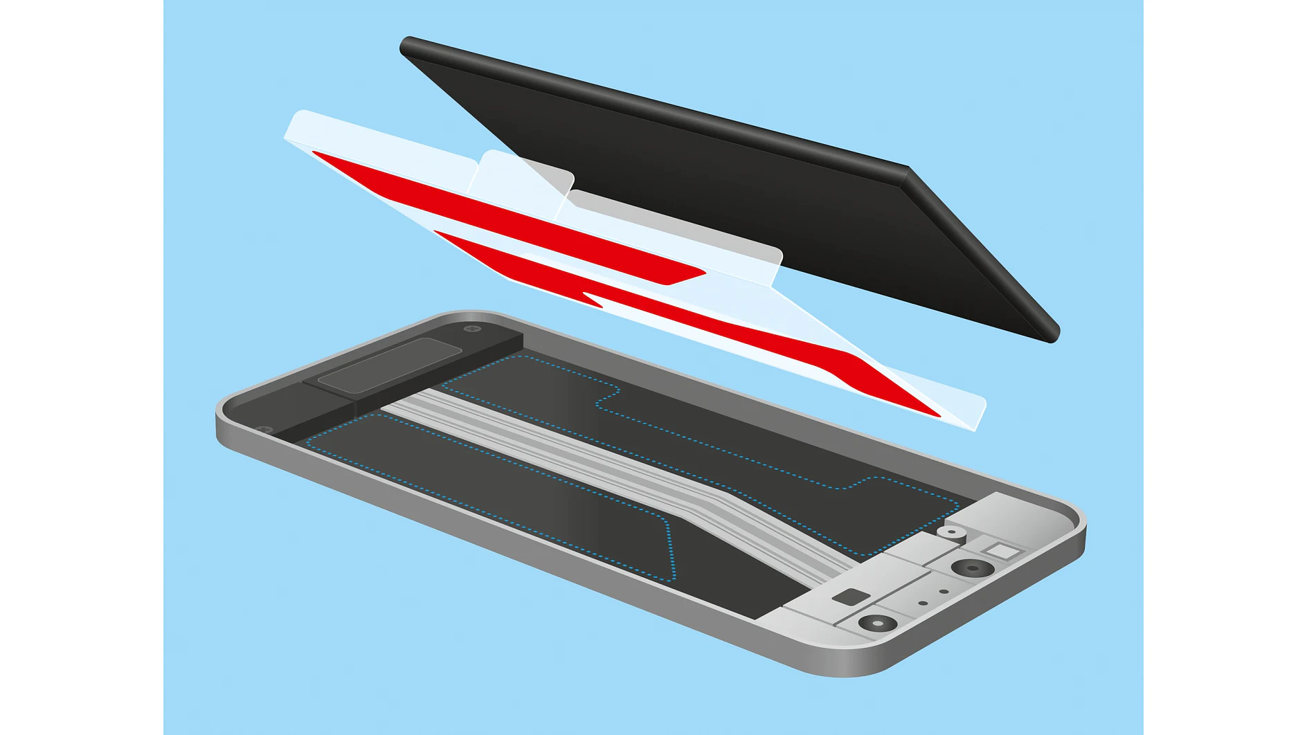 An illustration of a partially disassembled smartphone with a black screen. The layers are separated to show internal components, including a circuit board and dual cameras held together with tesa tape. The background is light blue. (This text has been generated by AI)