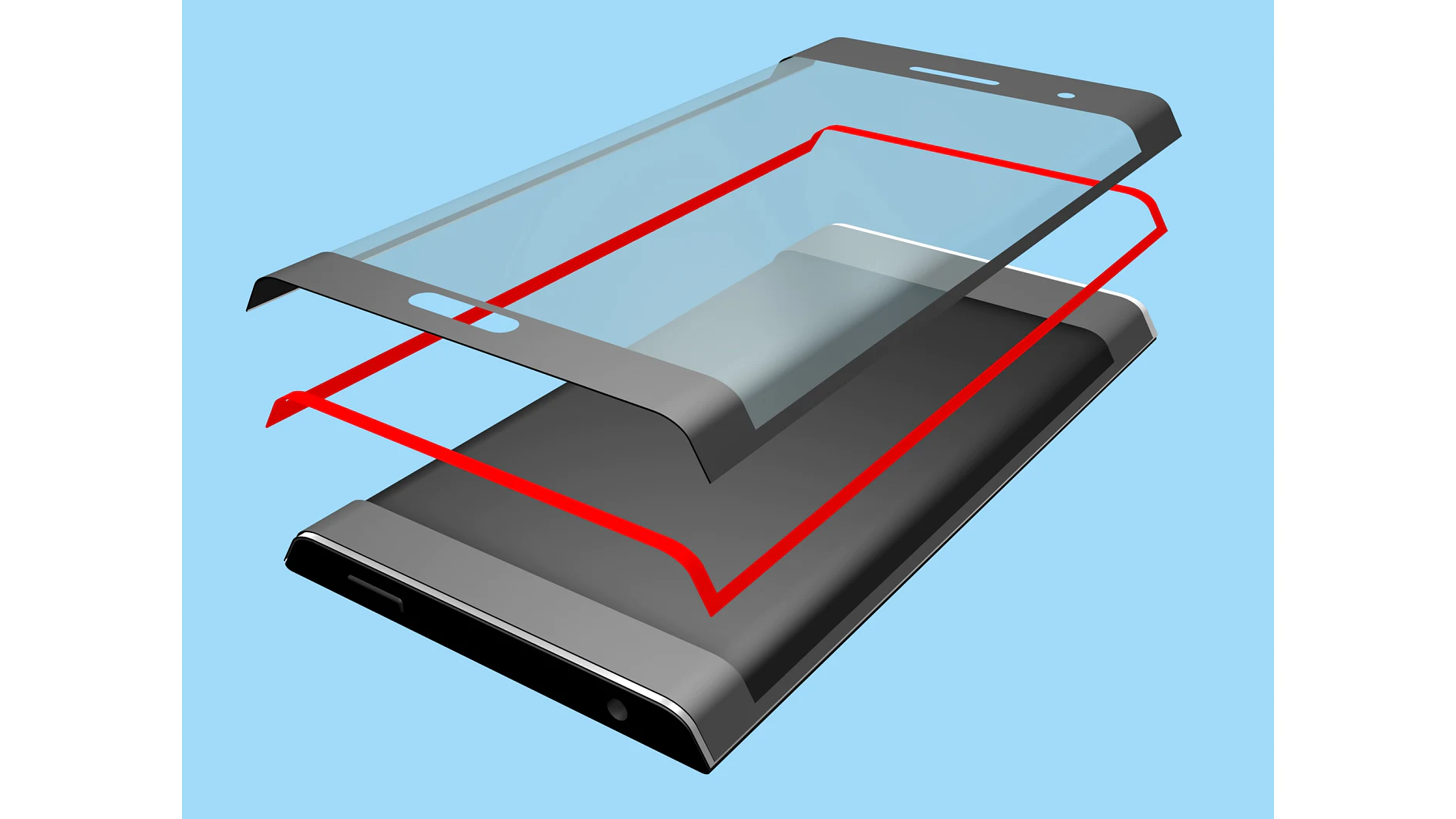 An exploded view of a smartphone against a blue background shows its separated components: screen, casing, and underlying hardware. A red outline highlights the structure of the layers, all secured with tesa tape. (This text has been generated by AI)