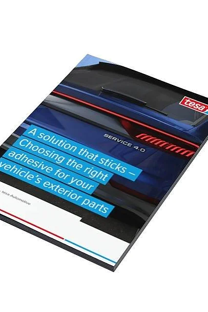 Cover of a booklet titled A solution that sticks: Choosing the right adhesive for your vehicle’s exterior parts. It features an image of a cars rear with a visible taillight. The booklet is from tesa, indicated by the logo in the top corner. (This text has been generated by AI)