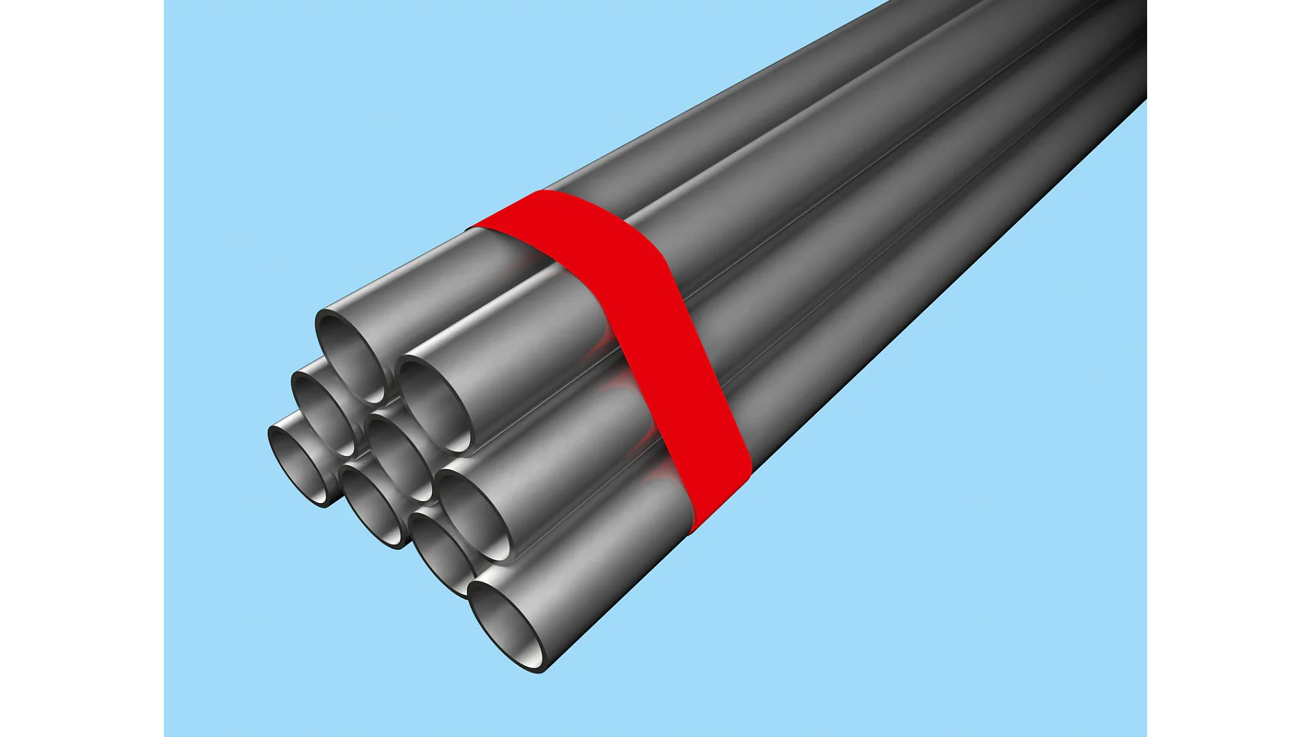 A bundle of gray metal pipes tied together with a red tesa tape strap is shown against a light blue background. The pipes are arranged in a parallel formation. (This text has been generated by AI)