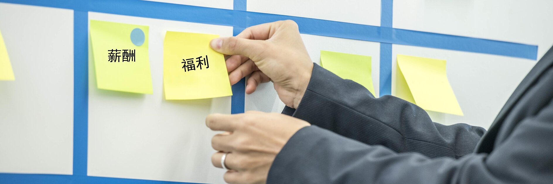 A person is placing yellow sticky notes with Chinese characters on a blue and white grid board. The board has nine sections, and some sticky notes have small colored dots. The image focuses on the hands and the tesa tape sticky notes. (This text has been generated by AI)