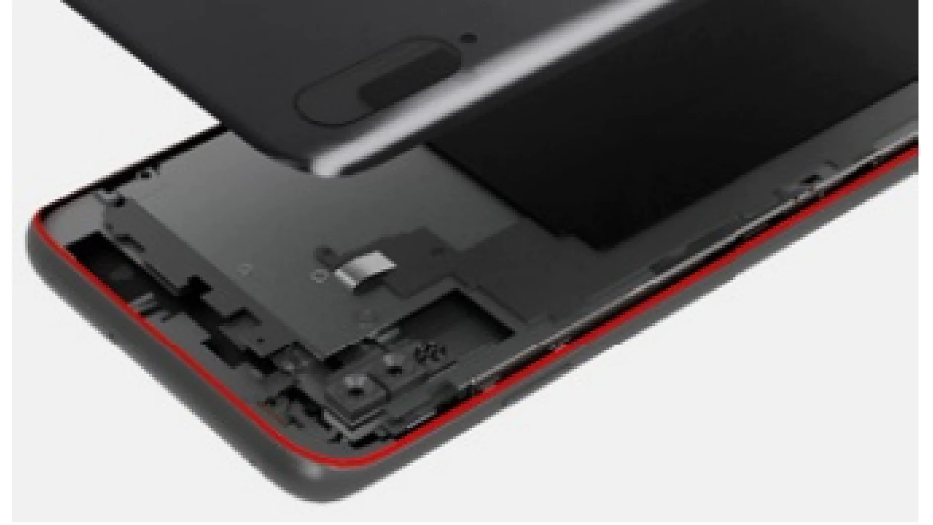 A smartphone with its back cover partially removed reveals internal components like the battery compartment. The phone features a black exterior and a red tesa tape sealing ring running along the edge. (This text has been generated by AI)