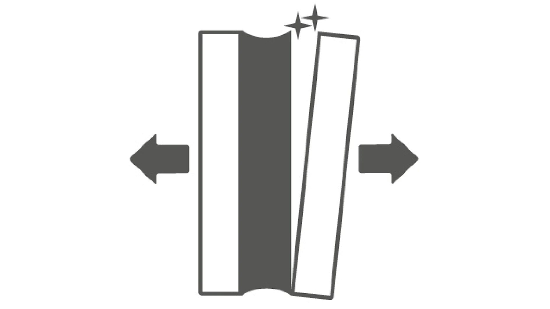 Icon of a book with an arrow on each side. One book is straight, and the other is slightly tilted with a sparkle above, indicating a concept of leaning or shine using tesa tape. (This text has been generated by AI)