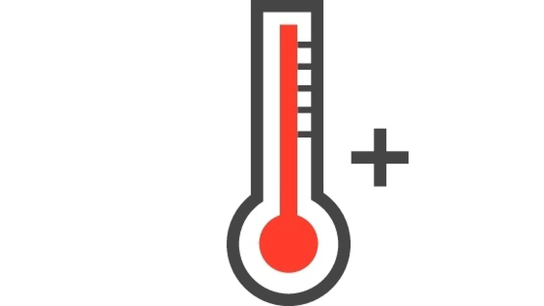 Illustration of a red thermometer with a plus sign next to it. The mercury level is near the top, indicating a high temperature. The outline is black, and the filled area is bright red. (This text has been generated by AI)