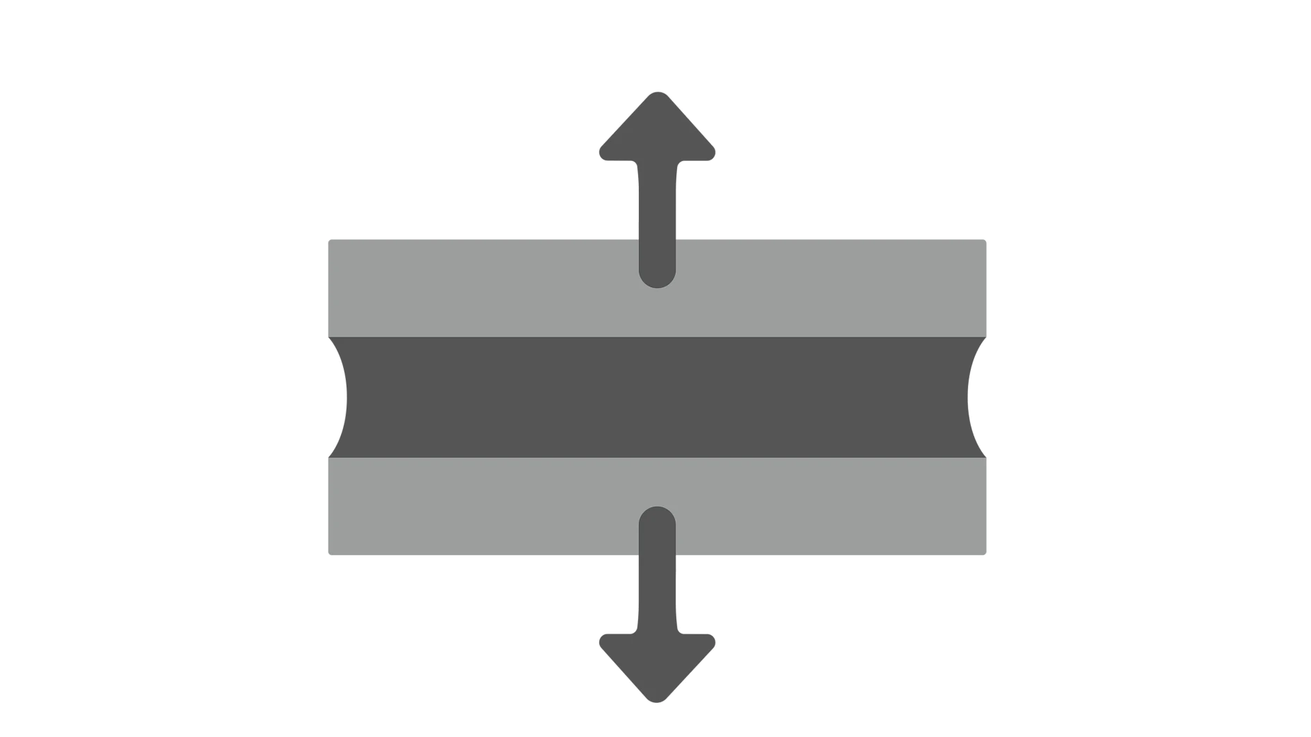 A gray rectangular shape with a narrower dark gray section in the middle. An upward-pointing arrow extends from the top, and a downward-pointing arrow extends from the bottom of the shape. (This text has been generated by AI)